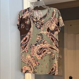 Sew In Love Paisley Print V-Neck Top - Green and Brown